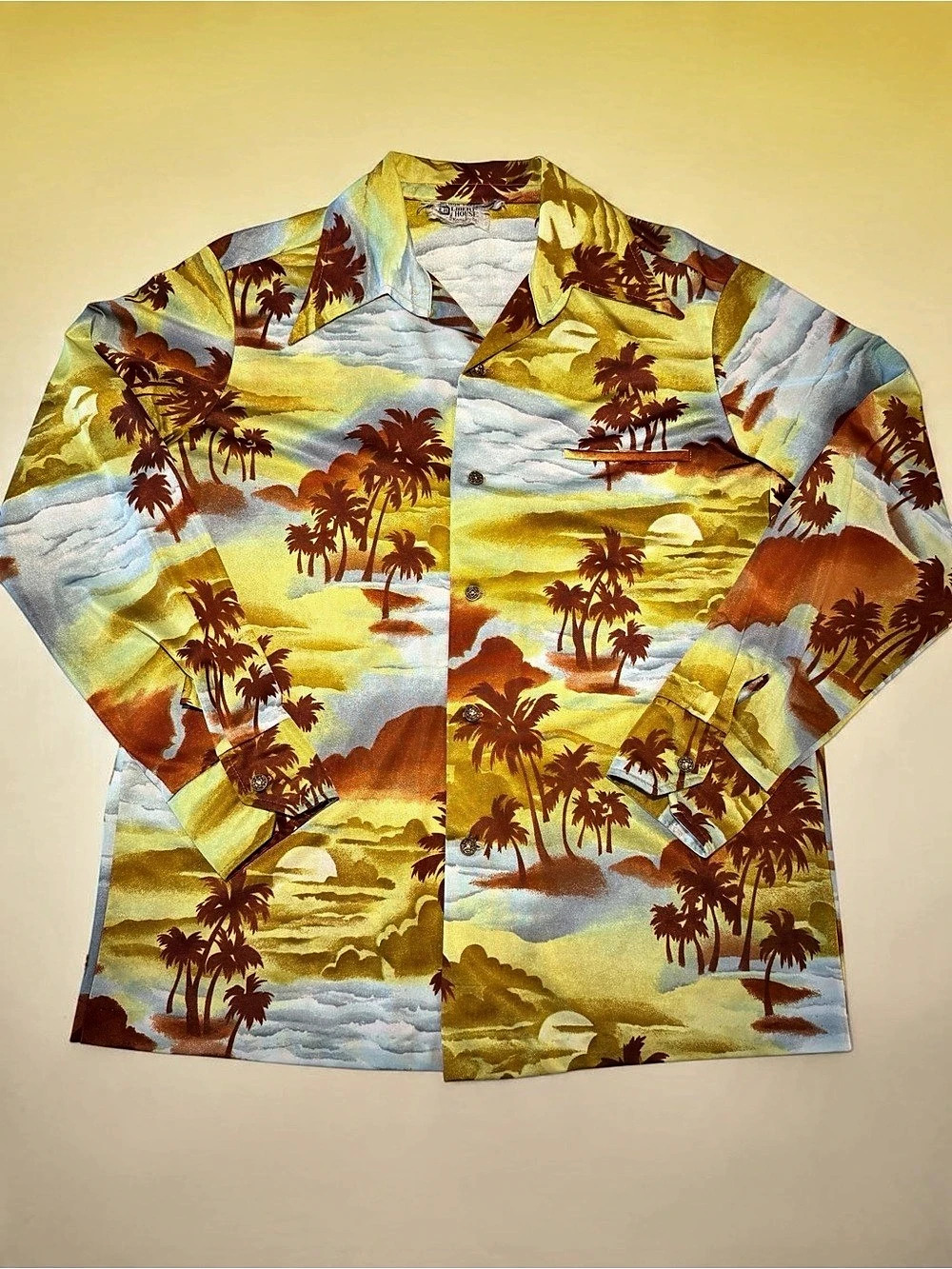Liberty House Hawaiian Long Sleeve Shirt 70s Sunrise Sunset Seascape Palm Tree
